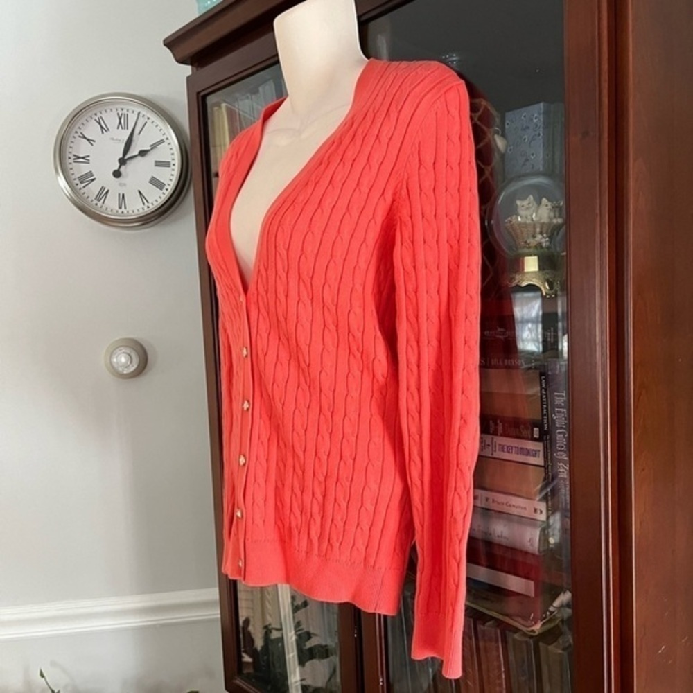 Land’s End XS Cable Knit Sweater V-Neck Coral Orange Orange Melon Like New - Picture 3 of 14